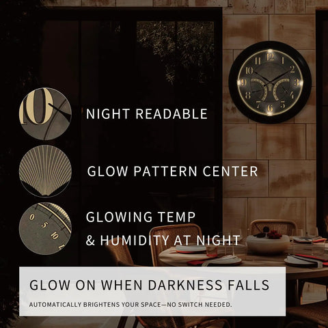 Image showing Must Have 24 Inch Indoor Outdoor Lighted Clock With Self Illuminated Face Waterproof 3 In 1 Weather Station Including Thermometer And Hygrometer Metal Clock In Oil Rubbed Bronze Finish Night Light, night view with glow features.