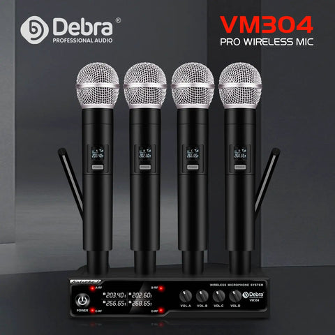 VM304 VHF Wireless Microphone System with four handheld mics and XLR outputs for home karaoke, weddings, or conferences, anti jam chip