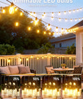 100 Ft LED Outdoor String Lights With 30 Shatterproof Edison Style Bulbs illuminating a cozy patio at sunset.