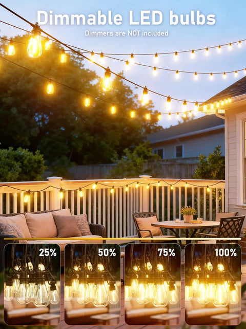 100 Ft LED Outdoor String Lights With 30 Shatterproof Edison Style Bulbs illuminating a cozy patio at sunset.