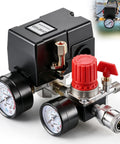 Air Compressor Pressure Switch Kit With Four Port NPT Manifold Regulator And Dual Gauges Automatic On Off Start Stop At 90 To 120 PSI 20 Amp Replacement Part For Air Compressors In Home Shop image with close-up of gauges and manifold components
