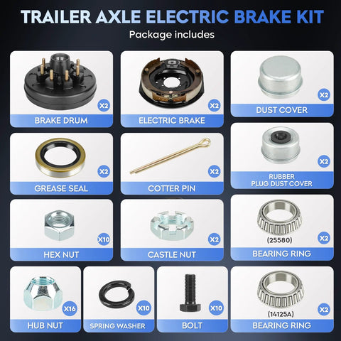 Trailer axle electric brake kit with two brake drums and two electric brakes.