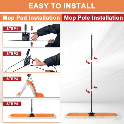 Heavy Duty Commercial Dust Mop With Extended Handle And Thick Cotton Pads installation steps showing mop pad and pole setup.