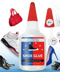 Hardcore Shoe Glue For Sneakers, Boots, Sandals And More - Heavy Duty Repairs That Bond Rubber, Leather And Canvas, Quick Set Time, Waterproof, Long Lasting, With CA Accelerator Compatibility bottle displayed with various shoes and accessories.