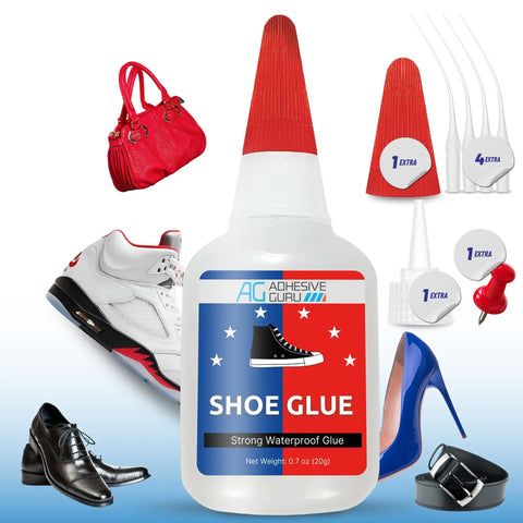 Hardcore Shoe Glue For Sneakers, Boots, Sandals And More - Heavy Duty Repairs That Bond Rubber, Leather And Canvas, Quick Set Time, Waterproof, Long Lasting, With CA Accelerator Compatibility bottle displayed with various shoes and accessories.