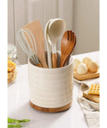 360 Degree Rotating Extra Large Ceramic Utensil Holder for Countertop With Rotatable Wooden Base Deep Capacity Kitchen Utensil Crocks Arctic White Farmhouse Decor