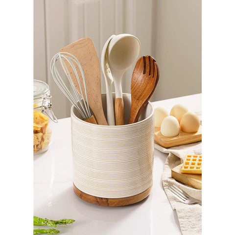 360 Degree Rotating Extra Large Ceramic Utensil Holder for Countertop With Rotatable Wooden Base Deep Capacity Kitchen Utensil Crocks Arctic White Farmhouse Decor