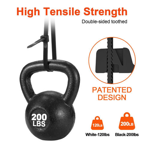 Heavy Duty 12 Inch Zip Ties With 200Lbs Tensile Strength, V Shaped Toothed Double Sided Cable Ties holding 200 lb kettlebell