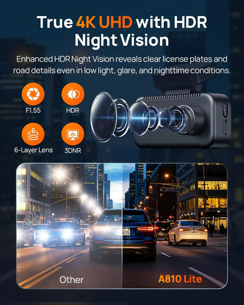 4K Front And 1080P Rear Dash Cam With 5GHz WiFi 6, 4G LTE Remote Access, GPS Tracking, HDR Night Vision showing nighttime clarity