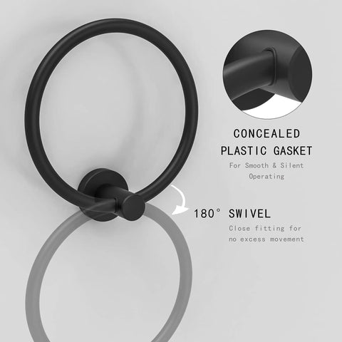 Matte Black Towel Ring And Hand Towel Holder For Bathroom And Kitchen, Modern Rounded Base Wall Mount In SUS304 Stainless Steel
