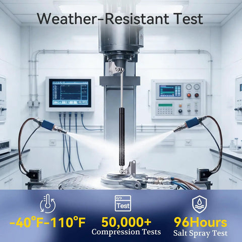 Weather-resistant test of Gas Struts 23 Inch 200 Lbs with Brackets Two Pack Heavy Duty Lift Support in lab setup