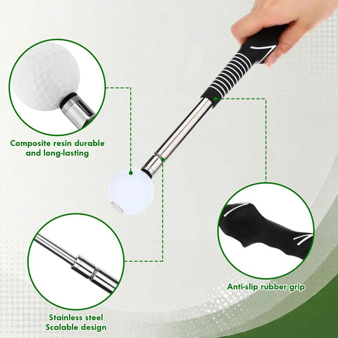 Close-up of Six Pack Retractable Golf Swing Trainer Set With Click Feedback showing composite resin head and anti-slip rubber grip.