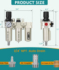 Three Quarter Inch NPT Industrial Air Dryer With Auto Drain, 3 Stage Separator, and Filter, with dimensions and fittings.