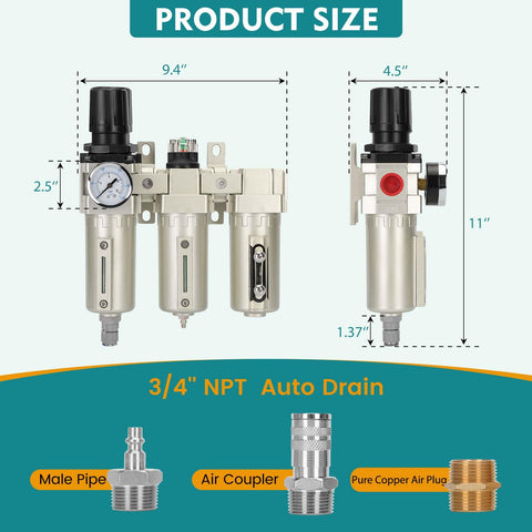 Three Quarter Inch NPT Industrial Air Dryer With Auto Drain, 3 Stage Separator, and Filter, with dimensions and fittings.