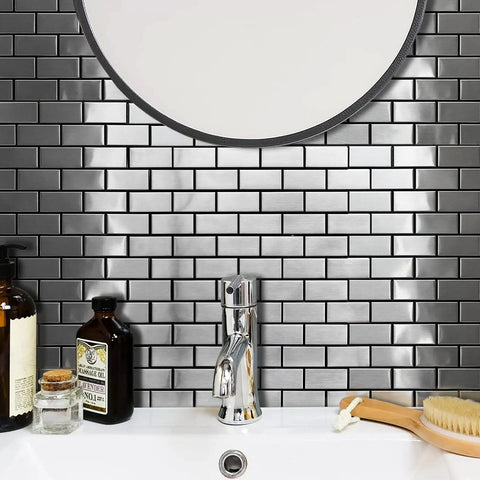 Bathroom sink with Stainless Steel Peel And Stick Backsplash Tiles Set Of 10 Sheets With 3D Metal Subway Silver Brick Mosaic.