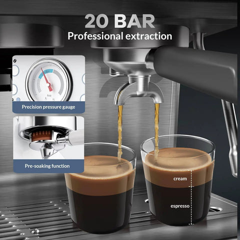 Kickstart Your Day Right With This Built In Grinder Espresso Machine Cranking Out 20 Bar High Pressure Shots, dual espresso shots in glasses.