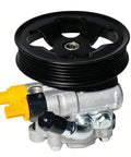 Hella Durable Power Steering Pump With Pulley Swaps In Clean For Toyota Corolla And Pontiac Vibe setup, compact design with black pulley.