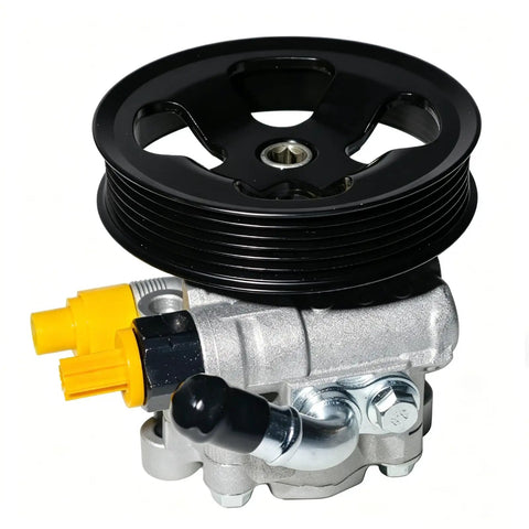 Hella Durable Power Steering Pump With Pulley Swaps In Clean For Toyota Corolla And Pontiac Vibe setup, compact design with black pulley.
