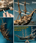 Vintage Steampunk DIY Mechanical Model Kit for the Corsair Airship in Deep Green showing detailed assembly close-ups
