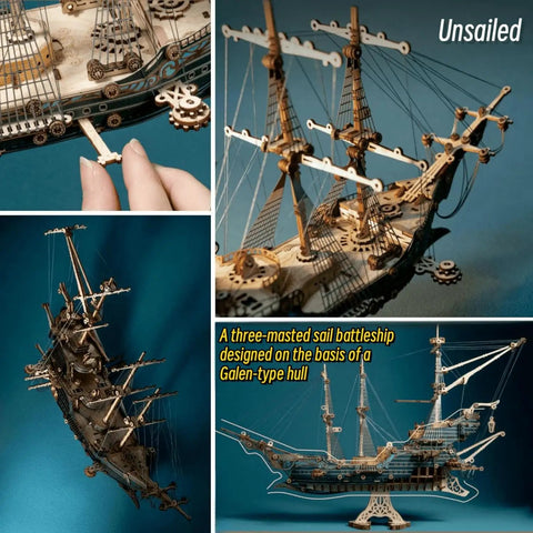Vintage Steampunk DIY Mechanical Model Kit for the Corsair Airship in Deep Green showing detailed assembly close-ups