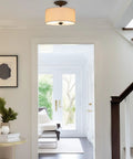 Addison 13 Inch Dope Modern Drum Semi Flush Mount Ceiling Light With Off White Fabric Drum Shade Two Light Fixture In Hallway
