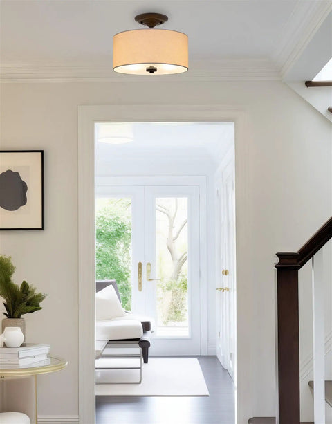 Addison 13 Inch Dope Modern Drum Semi Flush Mount Ceiling Light With Off White Fabric Drum Shade Two Light Fixture In Hallway