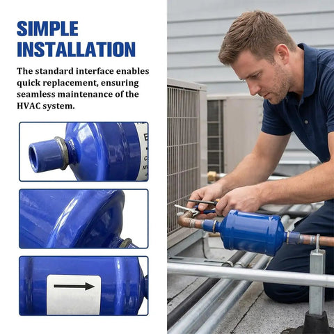 Heavy Duty 1/4 Inch Flow Filter Drier For Automotive Heat Pump Cars Sleek Steel Build Wear Resistant Core installed for HVAC system maintenance.