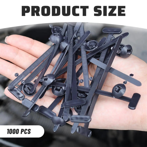 Hand holding several 100 Piece Cable Tie Buckles Nylon Wire Ties Bumper Retainer Clips Car Plastic Rivets Fasteners for auto repair.