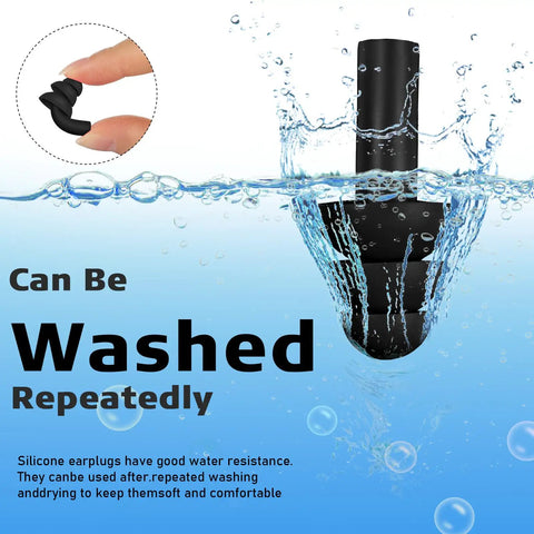 Premium Silicone Earplugs Bulk Pack of 150 Pairs, showing washable black silicone earplugs submerged in water.
