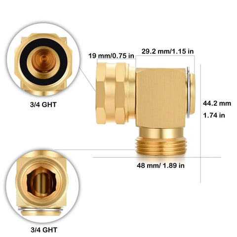 Garden Hose Swivel Elbow Connector 90 Degree Brass Fittings No Kink Protector Easy Install Pro Grade Three Quarter Inch GHT Internal To External Threads Heavy Duty Hose Fitting Kit With Washers Sealing Rings And Tape, 3/4 GHT brass elbow