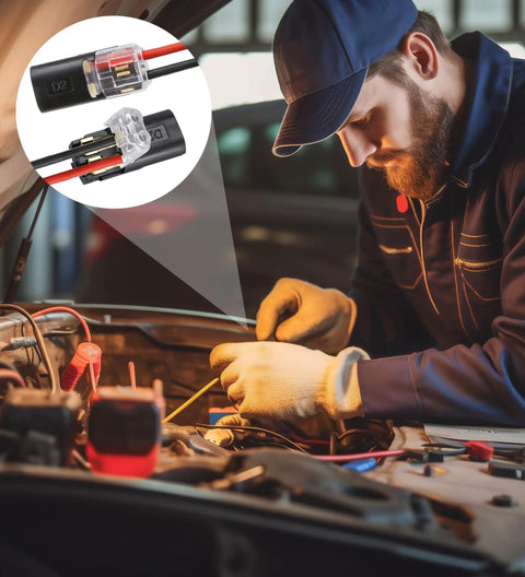 Mechanic using 2 Pin Quick Disconnect Plug In Connector For Low Voltage 18-22 AWG Wire With Locking Buckle in car