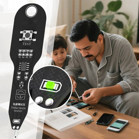 Coil Tester For Motherboards With Compact Housing Fast Inductor Fault Check Device in use by technician and child