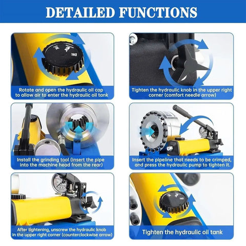 Detailed functions of No Sweat Heavy Duty Handheld Hydraulic Hose Crimper With 7 Dies Set For One Inch R1 R2 Steel Wire Piping.