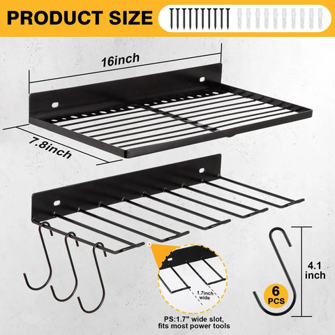 Heavy Duty Wall Mount Tool Organizer Four Pack Set With Dual Racks And Eight Drill Slots Floating Garage Shelves dimensions shown