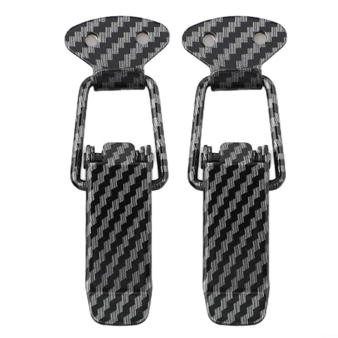 Set Of 2 Carbon Fiber Style Bumper Lock Clips With Quick Release Hooks, shown front view, black carbon fiber design.