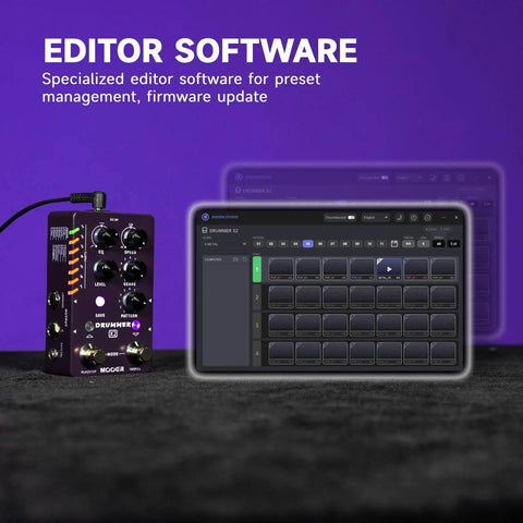Drum Machine Pedal For Guitar And Bass With 121 Drum Grooves 11 Music Styles 7 Rhythm Slots and editor software screen