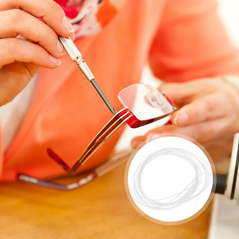 Person using a screwdriver on red glasses frame with inset of eyewear repair string for glasses nylon thread quick adjustment tool