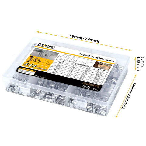 325 Piece Aluminum Wire Rope Ferrule Kit With Crimping Loop Sleeves In Eight Sizes from 0.0469 Inch Up To 0.25 Inch in labeled case