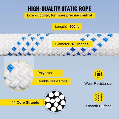 Heavy Duty Twin Sheave Block And Tackle With 1/2 Inch Braided Poly Rope, 7700 Lb Break Rating, Forged Aluminum Double Pulley Rigging System Built Like A Tank For No Sweat Heavy Hauling, showcasing 100 ft double braided polyester rope.