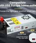 110V AC To 12V DC Converter with On Off Switch, showing left and right modes for US and Europe outlets