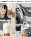 Rechargeable Milk Frother Handheld Electric Coffee Mixer Wand On The Go With Stainless Steel Whisk in use with milk