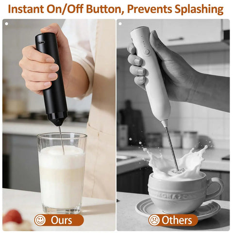 Rechargeable Milk Frother Handheld Electric Coffee Mixer Wand On The Go With Stainless Steel Whisk in use with milk