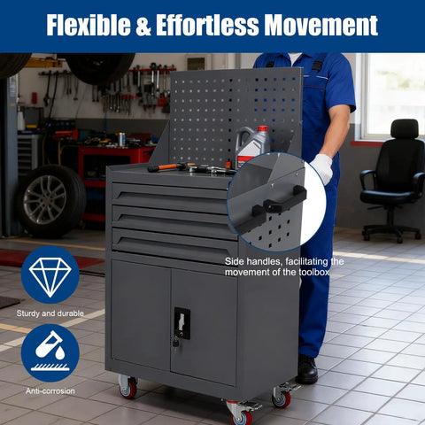 Beefy On Wheels Tool Box Organizer With Drawers Liners And Locking System in workshop, highlighting side handles and pegboard.
