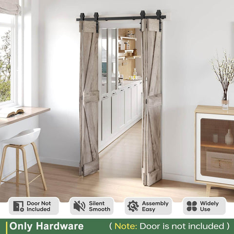 Installed 52 Inch Bifold Sliding Barn Door Hardware Track Kit With Side Mounted Black J Shape Rollers For Smooth Quiet Operation
