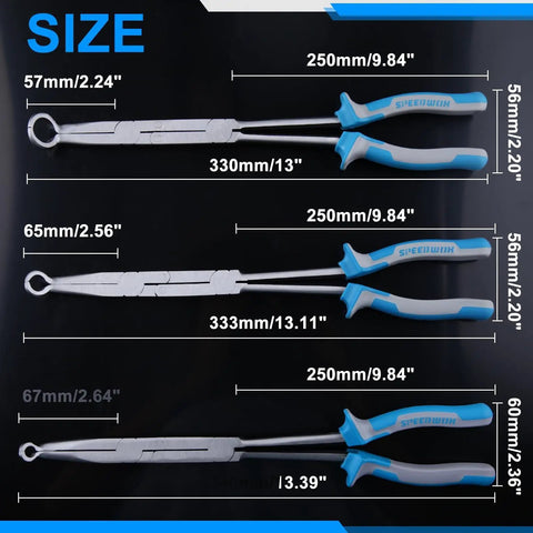 Three Piece 13 Inch Long Reach Double Joint Ring Nose Pliers With XL Pivot For Hose Grip And Spark Plug Removal In Tight Spaces, 330mm