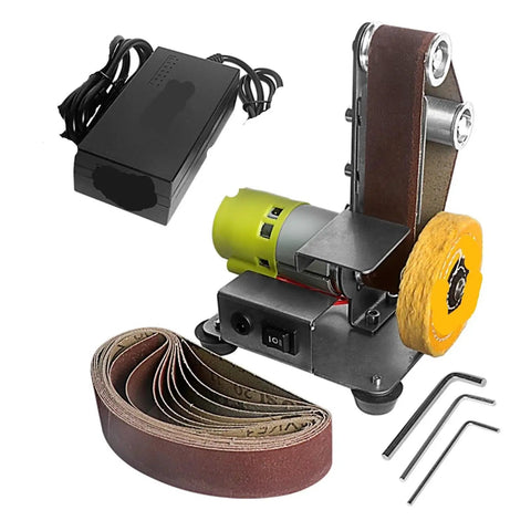 Compact Mini Electric Belt Sander For Desktop Use with power adapter and sanding belts for DIY projects.