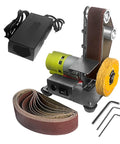 Mini Desktop Vertical Belt Sander Machine With 10pcs Sanding Belts, portable design, includes sanding belts and power supply.