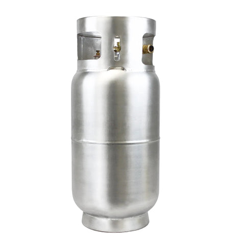 Aluminum forklift propane tank front view with valve, 33.5 lb