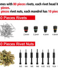 Includes 80 rivets and 80 nuts, 4 rivet heads, and 8 mandrels for the All In One Workhorse Rivet Nut Tool And Rivet Gun With 360 Degree Swivel Head For Tight Spaces Includes 4 Rivet Heads 8 Mandrels And 80 Rivets And 80 Nuts For Easy Overhead And Hard To Reach Assemblies.