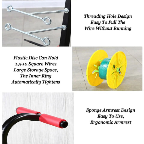 Heavy Duty Wire Spool Rack On Wheels With Casters showing handle, yellow spool, and metal rods for electrical garage use